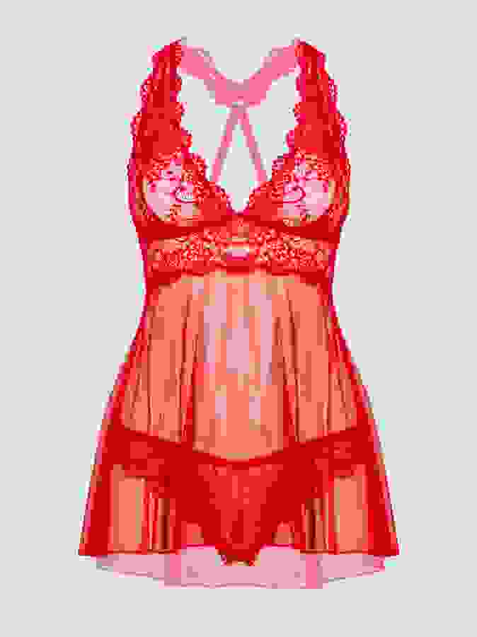 Lovehoney Plus Size Bombshell Red Lace Babydoll Set , Red, hi-res